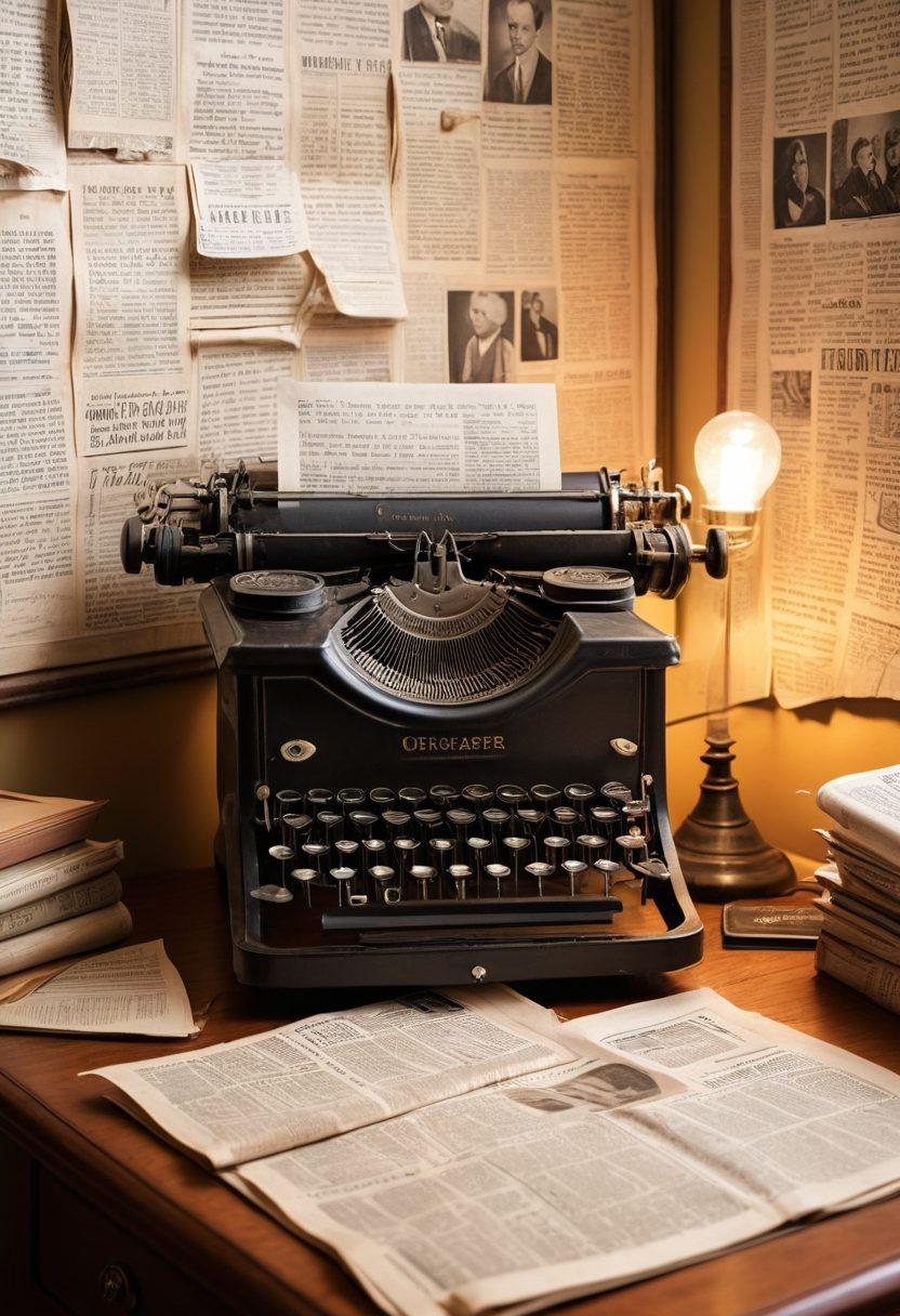 A cozy vintage newspaper office filled with typewriters and stacks of newspapers, featuring a heart-shaped editorial board. On the wall, romantic love stories highlighted in quotes. A warm golden light illuminating the space, creating an inviting ambiance that captures nostalgia and emotion. super-realistic. warm colors. vintage style.