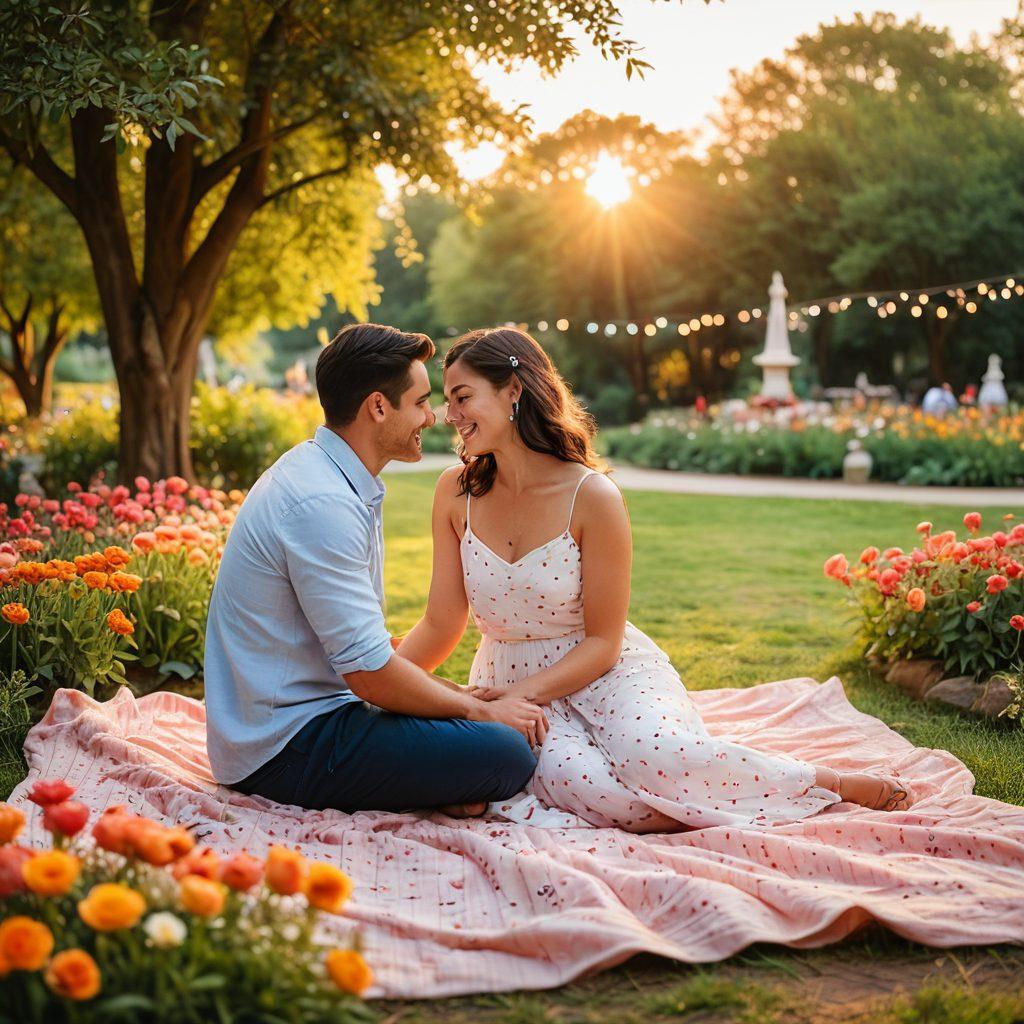 A beautifully intimate scene of a diverse couple enjoying a sunset picnic in a park, surrounded by glowing fairy lights and vibrant flowers, representing devotion and affection. In the background, people are engaging in heartwarming community activities like dancing, painting, and chatting, creating a sense of togetherness. Soft, warm colors and gentle lighting evoke a romantic atmosphere. watercolor painting. vibrant colors.