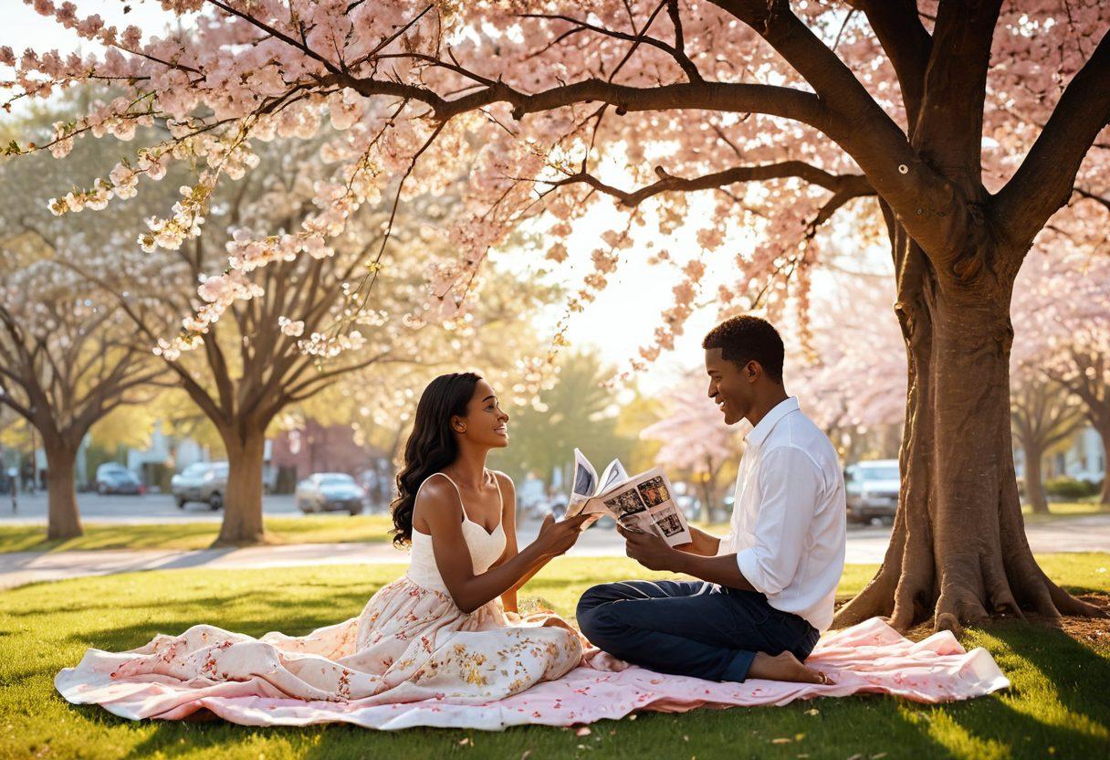 A warm and enchanting scene depicting a diverse couple sharing a tender moment under a blooming cherry blossom tree, surrounded by vibrant hearts floating in the air. The background features newspaper headlines filled with romantic stories and community events, symbolizing love's presence in everyday life. Soft golden light filters through the branches, creating a magical atmosphere. super-realistic. vibrant colors. soft focus.
